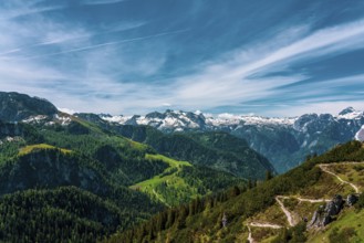 Panoramic view of the mountains in Berchtesgadener Land in Bavaria, Germany, Europe