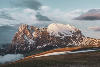 Panoramic view of the Langkofel Group from Seiser Alm in the Dolomites in South Tyrol, Italy,