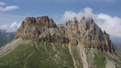 Aerial view on Naujiza or Mother-in-law teeth mountain with fantastic cliffs in Kabardino-Balkaria,