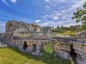 Ancient Tulum ruins Mayan site with temple ruins pyramids and artifacts in the tropical natural