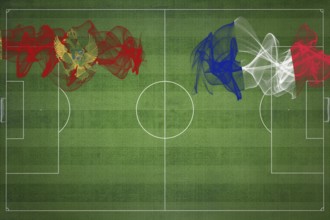 Montenegro vs France Soccer Match, national colors, national flags, soccer field, football game,