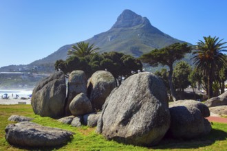 Promenade and beach in fabulous port city. Cape Town at the foot of Table Mountain. Coastline,