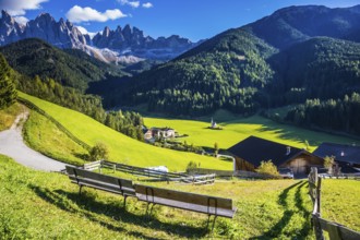 Picturesque Val di Funes. Sunny autumn day in Dolomites, Tirol. Rocky peaks and forested mountains