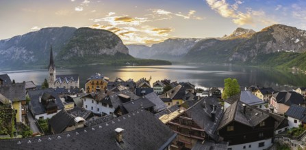 Hallstatt Austria, sunrise panorama nature landscape of Hallstatt village with lake and mountain