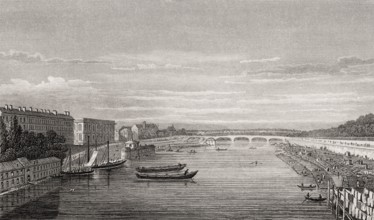 Pont Louis XVI, Pont de la Concorde, Paris, antique steel engraved print, 1831