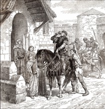 Illustration of the Assassination of Edward the Martyr or Eadweard, c. 962 - 978, king of the