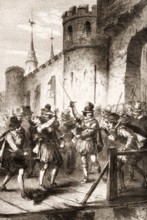 The assassination of Concino Concini, marquis d'Ancre, on the bridge of the Louvre, Paris, France,