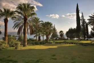 Charming beautiful park at a monastery on coast of lake Kineret in Israel