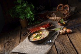 Rustic sauerkraut soup with bacon and sausage