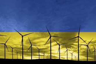 Ukraine flag wind farm at sunset, sustainable development, renewable energy Wind Turbines