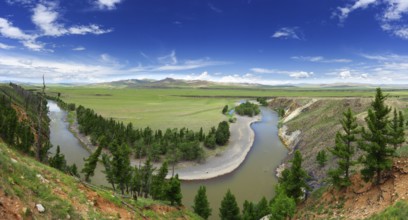 Panorama view of valley with Orkhon river bend, steppe and mountains landscape in Mongolia
