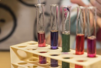 Chemical experiment at school with dye - acid and base reaction