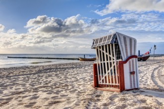 Beach chairs in the morning after sunrise in summer