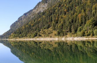 Mirror image at the Sylvenstein reservoir near Lenggries, Upper Bavaria