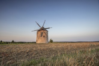 Windmill with wooden sails in a landscape with fields. Meadows and flowers appear in the sunset.