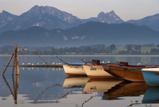 Boats in lake Hopfensee near Hopfen am See in the German state Bavaria