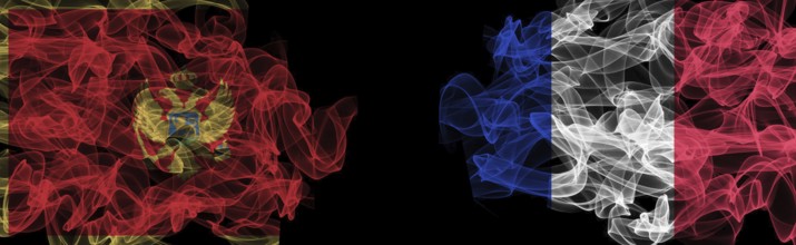 Flags of Montenegro and France on Black background, Montenegro vs France Smoke Flags