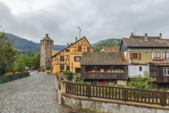 View of Kaysersberg with High Gate Tower, Alsace, France, Europe