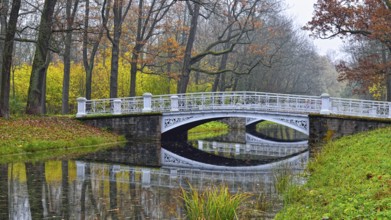 Autumn landscape in Catherine Park, Pushkin, Russia, view of the river and the bridge, Europe