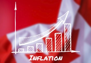 The National Flag of Canada. Canadian Flag with the Maple Leaf defocused message text INFLATION