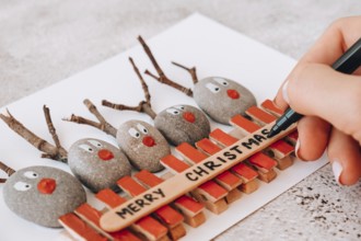 Step by step. Top view. Process kid children craft. Do it yourself Diy Merry Christmas deer on