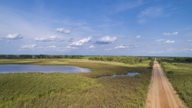 Aerial view of Transpantaneira dirt road along a typical lagoon and meadow landscape, with blue