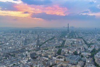 Paris France, high angle view sunset city skyline at Eiffel Tower view from Arc de Triomphe