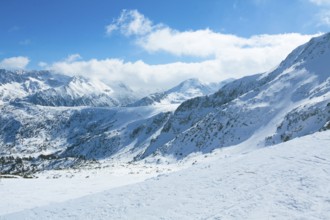 View on top of Pirin mountains from cable car, ski resort Bansko, Bulgaria.