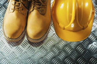 Protective boots hard hat on fluted metal sheet