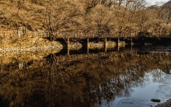 Jeongeup-si, South Korea. December 8, 2020: Winter landscape of bridge reflecting in water of