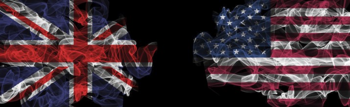 Flags of Union Jack and USA on Black background, Union Jack vs USA Smoke Flags