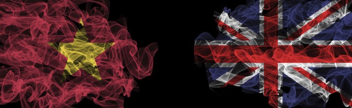 Flags of Vietnam and United Kingdom on Black background, Vietnam vs United Kingdom Smoke Flags