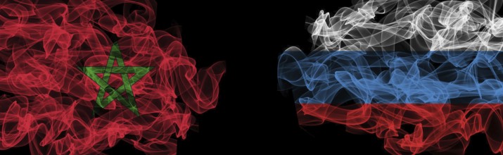 Flags of Morocco and Russia on Black background, Morocco vs Russia Smoke Flags