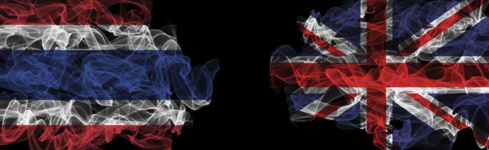 Flags of Thailand and United Kingdom on Black background, Thailand vs United Kingdom Smoke Flags