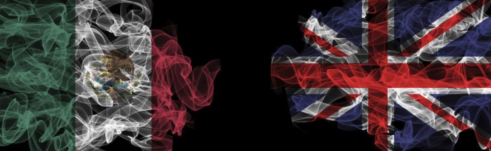 Flags of Mexico and United Kingdom on Black background, Mexico vs United Kingdom Smoke Flags