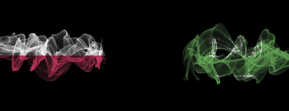 Flags of Poland and Saudi Arabia on Black background, Poland vs Saudi Arabia Smoke Flags