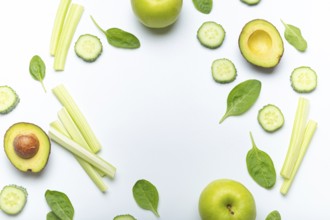 Bottle of green smoothie surrounded by green fruit and vegetables: apples, avocado, spinach, celery