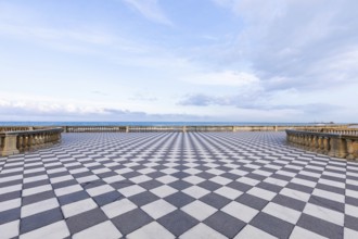 Livorno, Italy. Famous Mascagni Terrace, Terrazza Mascagni, with chess geometry pattern pavement