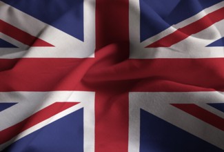 Closeup of Ruffled United Kingdom Flag, United Kingdom Flag Blowing in Wind