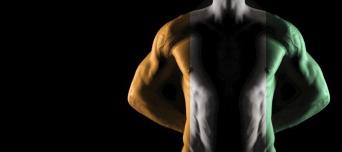 Ivory Coast flag on muscled male torso with abs, black background