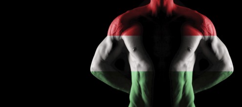 Hungary flag on muscled male torso with abs, black background