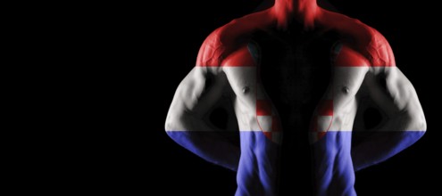 Croatia flag on muscled male torso with abs, black background