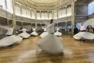 Dancing dervishes, dervish dance Sema, Mevlevihanesi Müzesi at Istiklal Caddesi, Istanbul, European