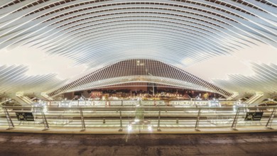Wide, illuminated station interior at night, characterised by modern structures, Liège-Guillemins