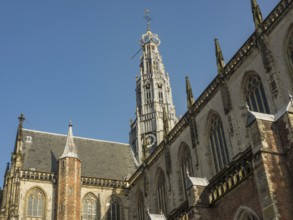 Gothic church architecture and church tower against the clear blue sky, haarlem, netherlands