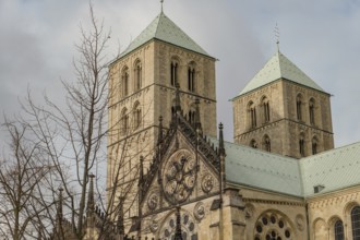 Two gothic towers of the cathedral rise behind a leafless tree under a cloudy sky, Münster,