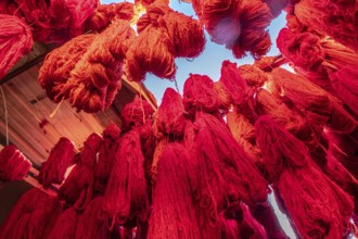 Red colored threads of fabric hanging to dry for sale in a souk in Marrakesh Morocco