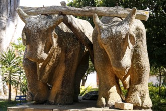 Close-up of a stone sculpture with two draught oxen under yoke in light and shadow, Barichara,
