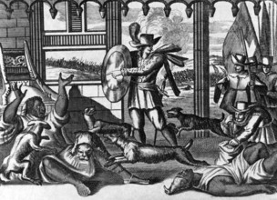 The Dogs of Vasco Nunez de Balboa Attacking the Indians on engraving from 1700s