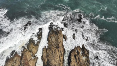 Drone aerial view of arco Calan coast near Constitucion Chile, Pacific ocean, Top view
